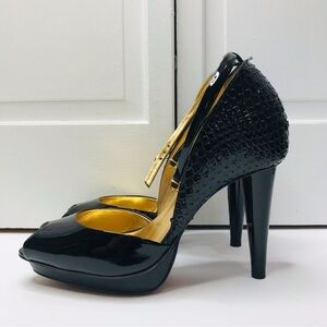 REPORT SIGNATURE Patent Cowhide Peep Toe Pumps Size 9
